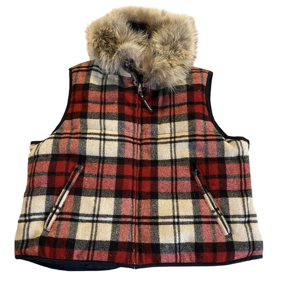 Woolrich Reversible Vest Black-RedPlaid Womens Large Coyote Fur Collar Down Vest - Picture 6 of 16